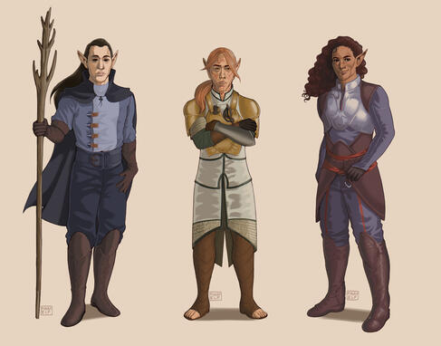 Lineup of Warden Surana, Inquisitor Lavellan, and Rook Mercar from the Dragon Age series